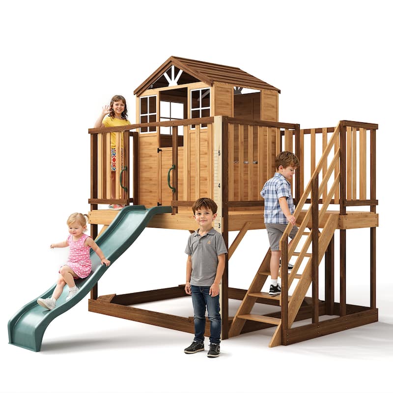 9-in-1 Wooden Playhouse with Slide & Sandbox