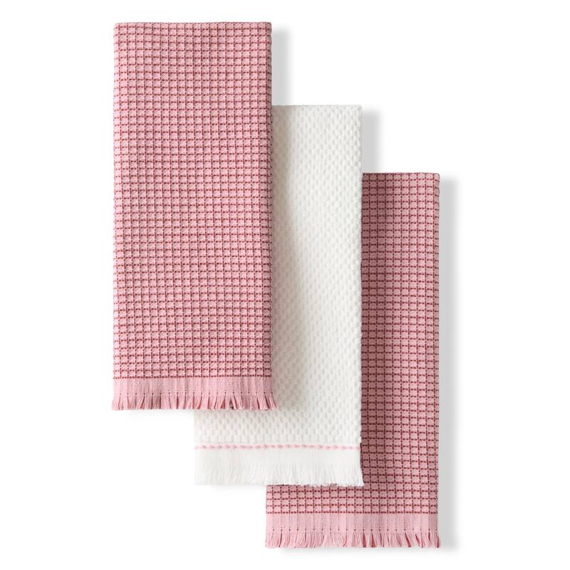 KITCHENAID Gourmet Series Gridlines Kitchen Towels 3-Pack Set, 100% Cotton Absorbent - 18"x28" - Dried Rose