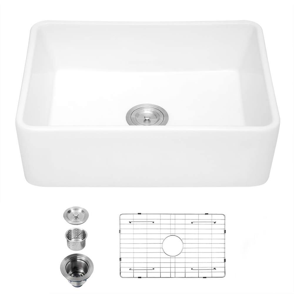 YASINU White Porcelain Farmhouse Apron Kitchen Sink - 30" W x 20" D
