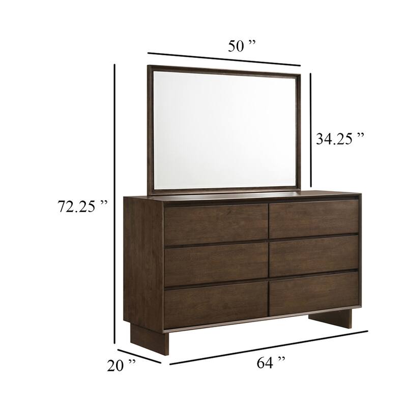 Genu Wide Dresser with Mirror, 6 Drawers, Beveled Glass, Brown Wood