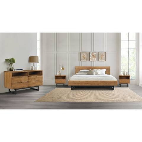 Aldo 3 or 4 Piece Platform Bed Frame Bedroom Set in Brown Oak Wood and Black Metal