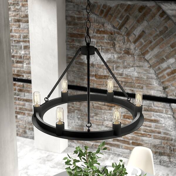 slide 2 of 10, Hunter 18" Saddlewood 6-Light Chandelier, - Island, Entry, Dining Room - Wagon Wheel, Farmhouse, Industrial Natural Iron