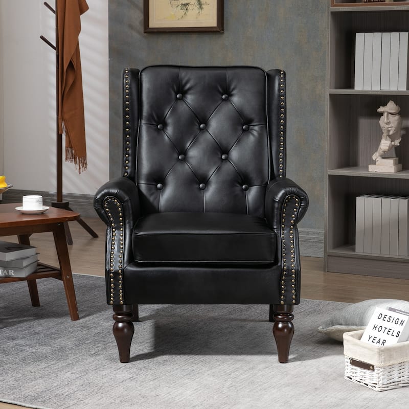 Black PU Modern 29.33" High Back Upholstered Arm Chair with Sturdy Wood Legs and Nailheads for Living Room