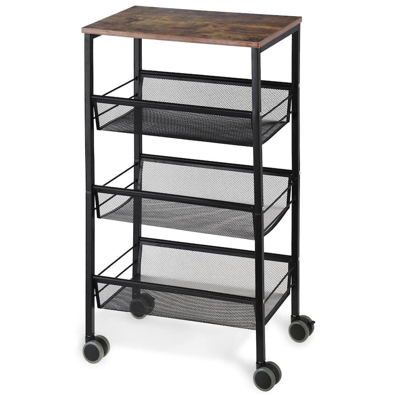 Rustic Kitchen Storage Cart, 4 Tier Kitchen Cart on Wheels, Metal Mesh Storage Pantry Cart with Lockable Wheels - Brown