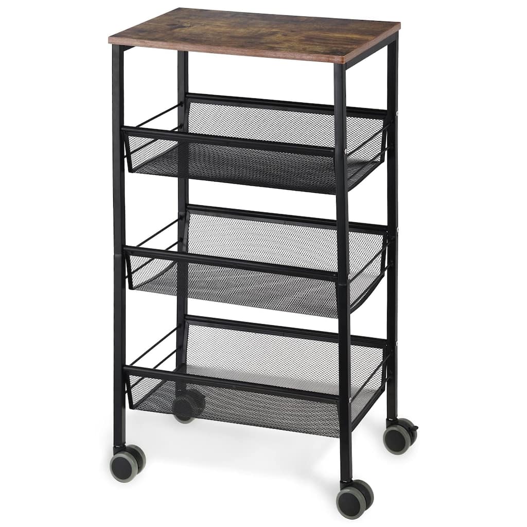 Rustic Kitchen Storage Cart, 4 Tier Kitchen Cart on Wheels, Metal Mesh Storage Pantry Cart with Lockable Wheels