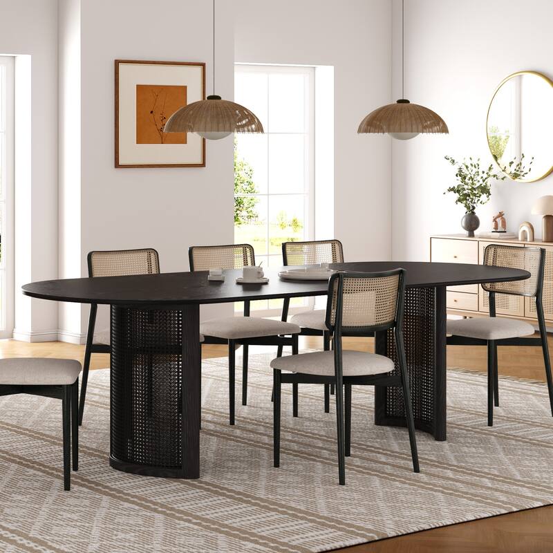 Oval Dining Table with Arc-Shaped Edge Top and Rattan Woven Base Modern Farmhouse Kitchen Table for Living Room Dining Room