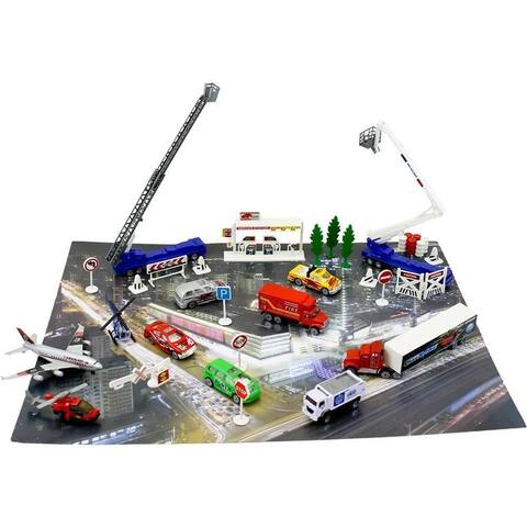 Dimple 50 Piece Die Cast Metal Vehicles City Life Toy Set with Mat, Helicopters, Cranes, SWAT Truck, Airplanes, etc for kids