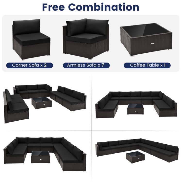 10 Piece Outdoor Wicker Conversation Set with Seat and Back Cushions - 29" x 25" x 25"