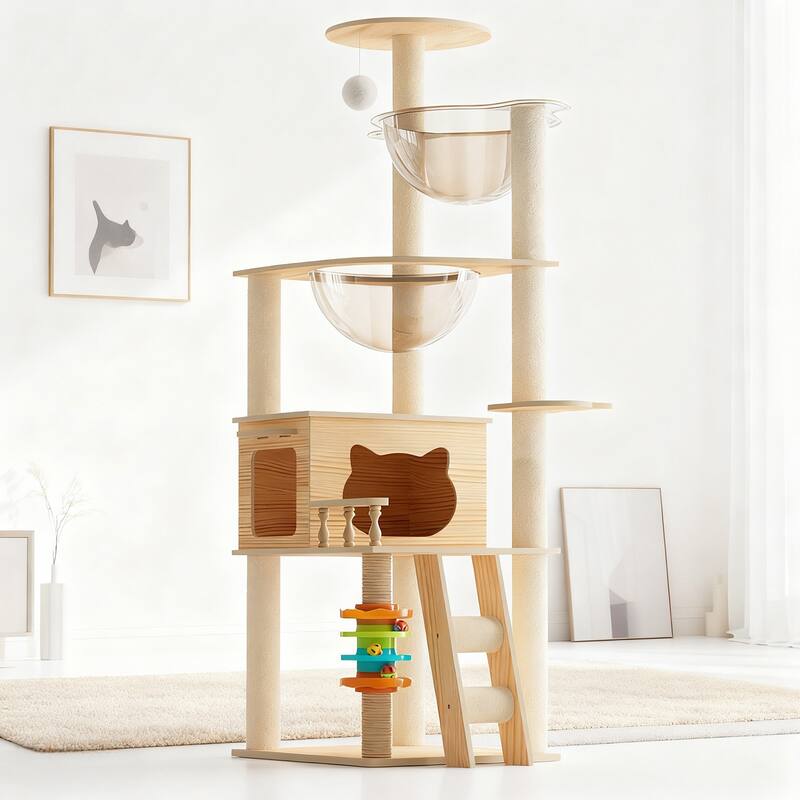 59" Modern Cat Tower, Wood Cat Tree Tower for Indoor Cats, Cat Treewith Sisal-Covered Scratching Posts and Top Perch, Cat Condo