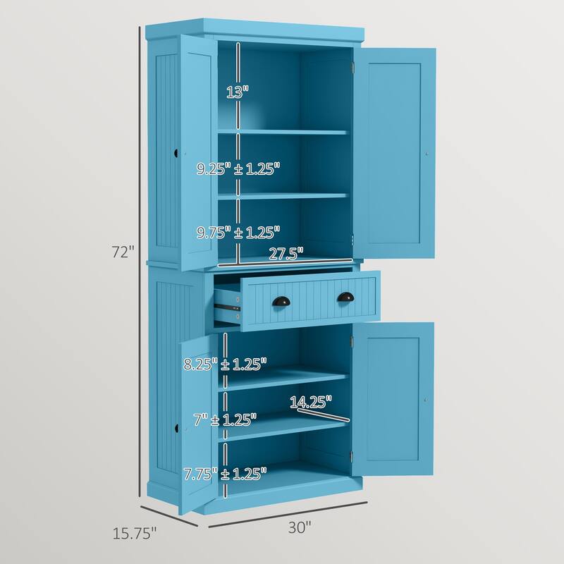 Tall Kitchen Pantry Storage Cabinet with Drawer and Adjustable Shelves for Bathroom or Hallway Use - 30" W x 15.75" D x 72"H