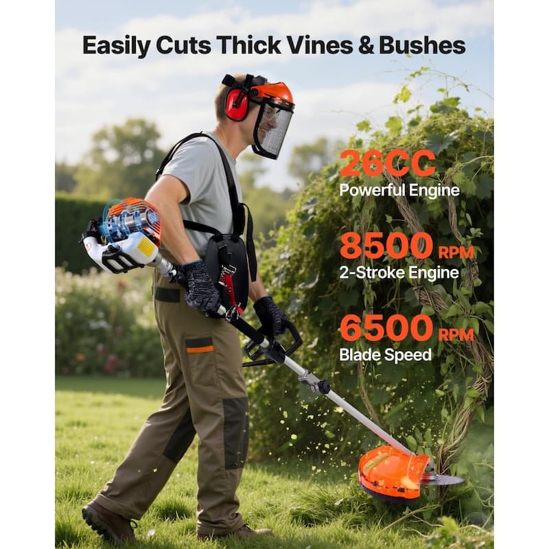 6-in-1 Gas Hedge Trimmer Pole Saw String Trimmer Brush Cutter Edger 26CC Engine - Trimmer: 91 x 9.5 x 8.9 in
