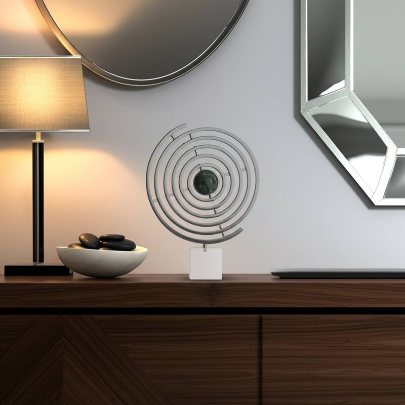 Metal Armillary Modern Geometric Sculpture Marble Base - 17" Blue - 13" x 3.5" x 17"