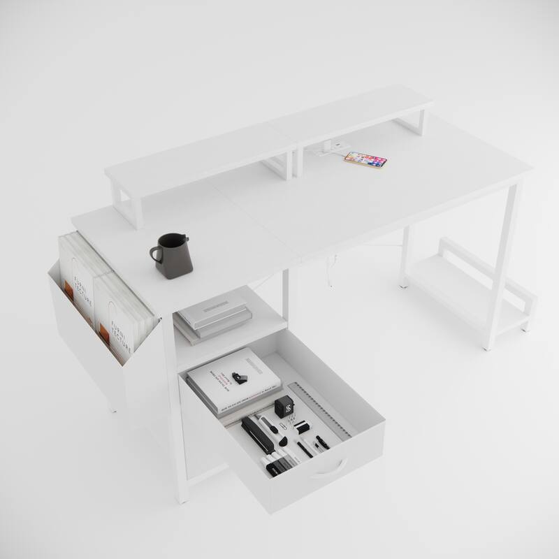 Home Office Desk with Movable Monitor Stands, Adjustable & Reversible Desk with Drawer and Hidden Power Outlets