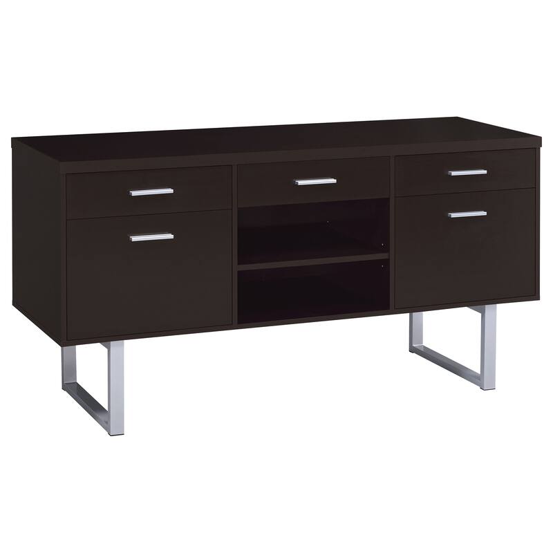 Lawtey 5-drawer Home Office Storage Credenza Cappuccino - 60.00" x 15.50" x 30.00" - Cappuccino Finish/Silver Finish - Cappuccino