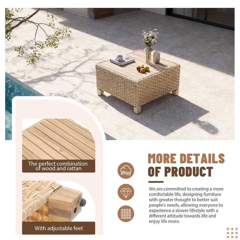 Outdoor Conversation Set L-Shaped Corner Sectional Sofa 6-Piece Patio Modular Sofa and Coffee Table PE Wicker Rattan Acacia Wood