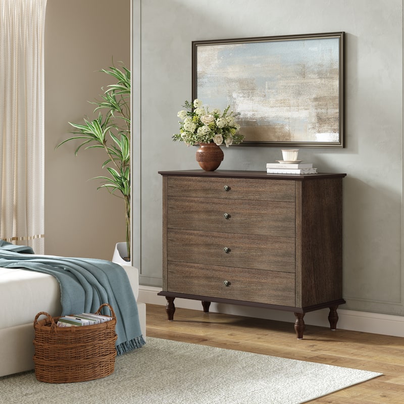 Rustic Wooden 4-Drawer Storage Chest with Metal Knobs and Solid Wood Feet by GDFStudio