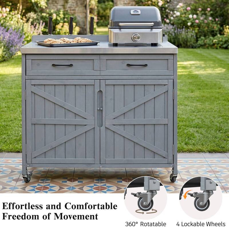 39.4" Outdoor Kitchen Island with Stainless Table Top, One Large Drawer, Adjustable Shelves, Internal Storage Racks & 4 Wheels