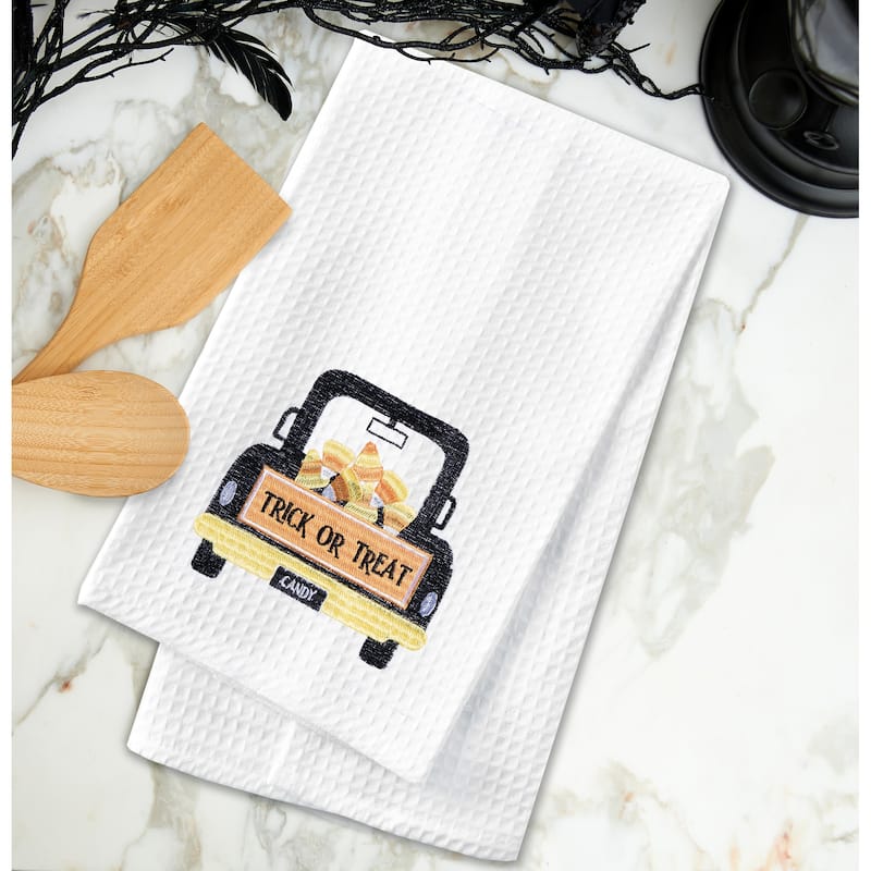 Trick or Treat Candy Corn Truck Halloween Embroidered Cotton Waffle Weave Kitchen Towel