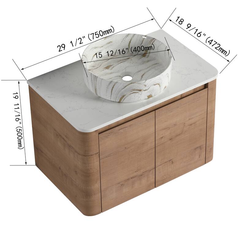 30'' Wall-Mounted Bathroom Vanity With Ceramic Art Sink & 2-Soft-Close Door, KD-Packing, Plywood