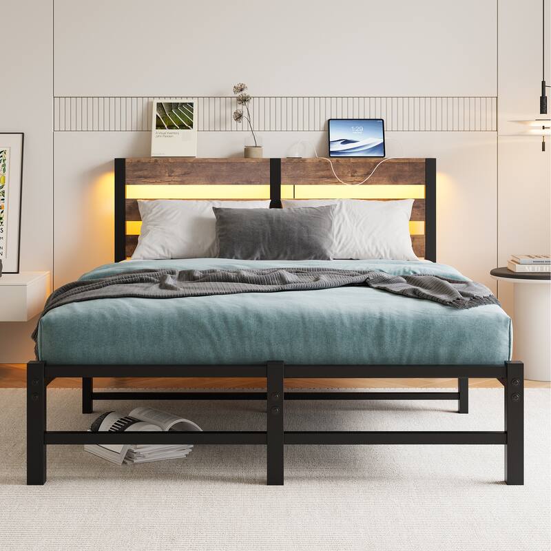 Full Size Bed Frame with RGB, Charging Station, Wood Storage Headboard, Metal Platform Bed with Heavy Duty Slats Support