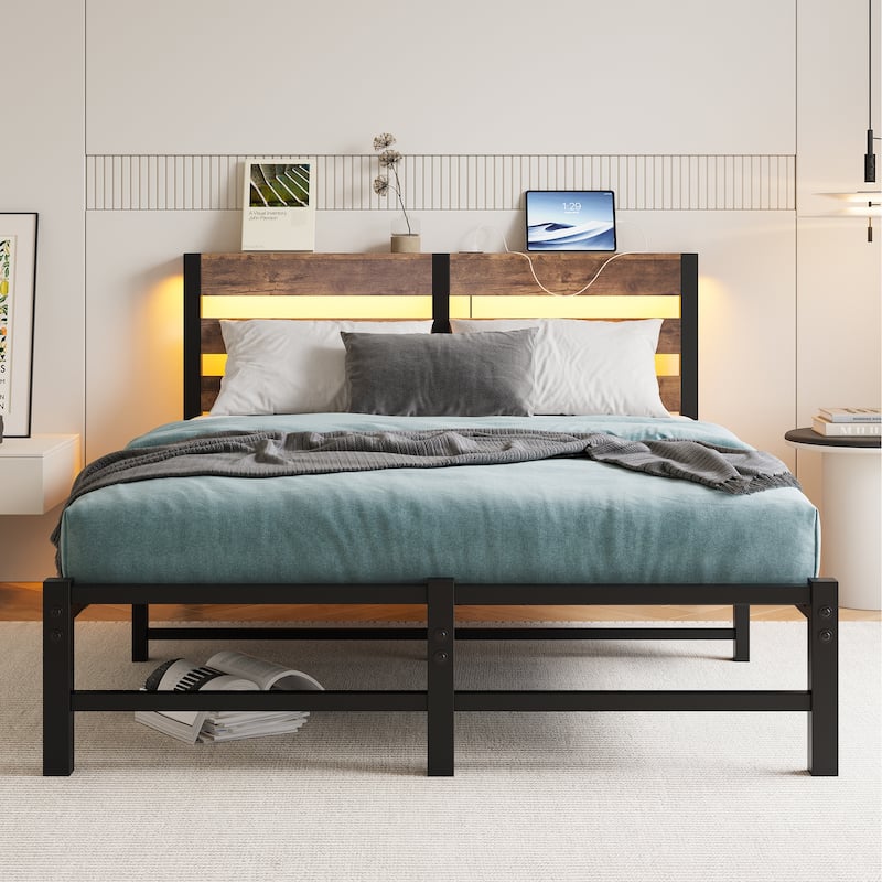 Modern Metal Bed with Wooden Headboard, RGB Lights