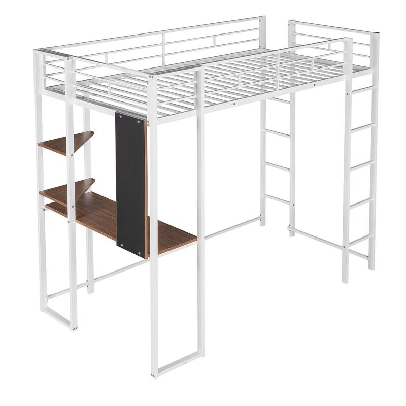 Twin Size Metal Loft Bed with Desk and 2 Shelves, White Finish, Sturdy Frame