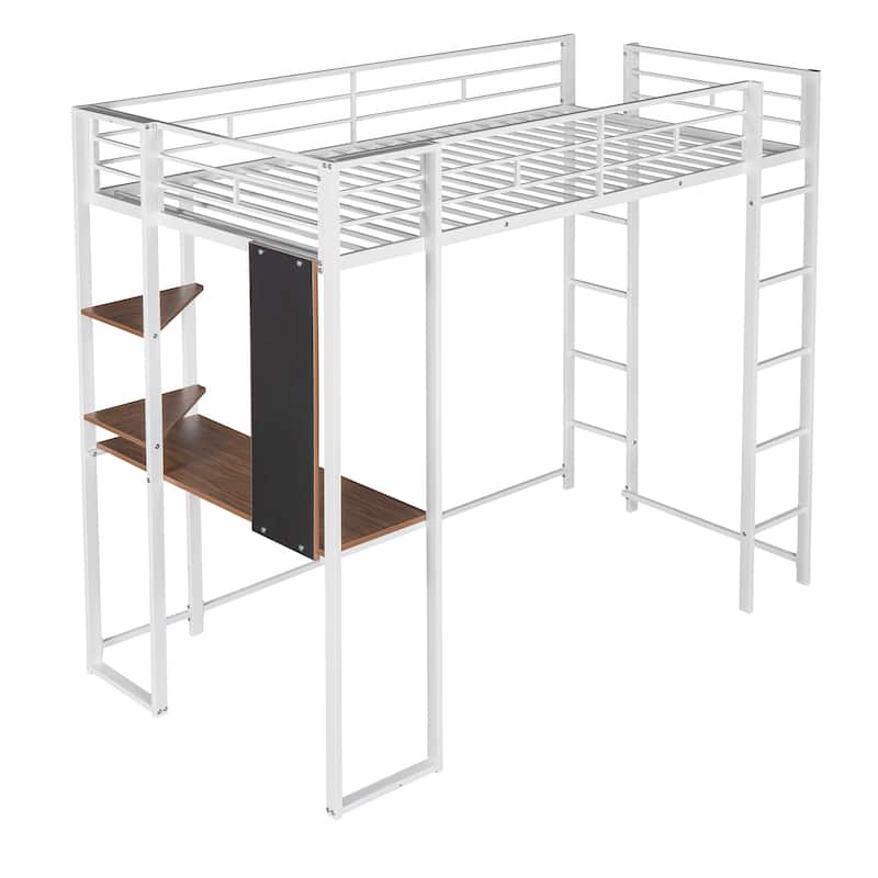White Twin Size Metal Loft Bed with Ladder, Fence, Shelves, and Desk
