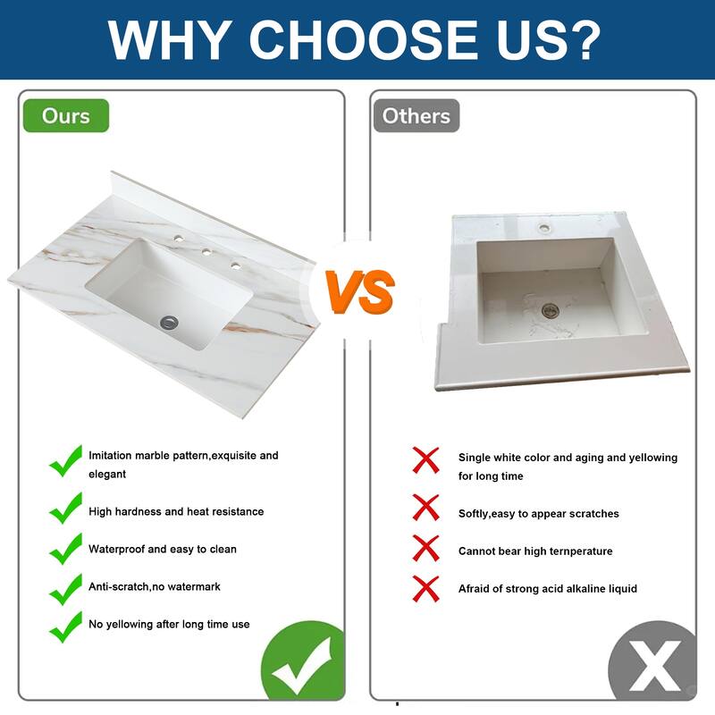 White Marble Rectangular Bathroom Vanity Top Undermount Sink with Backsplash - 37*L x 22" W x 4" H