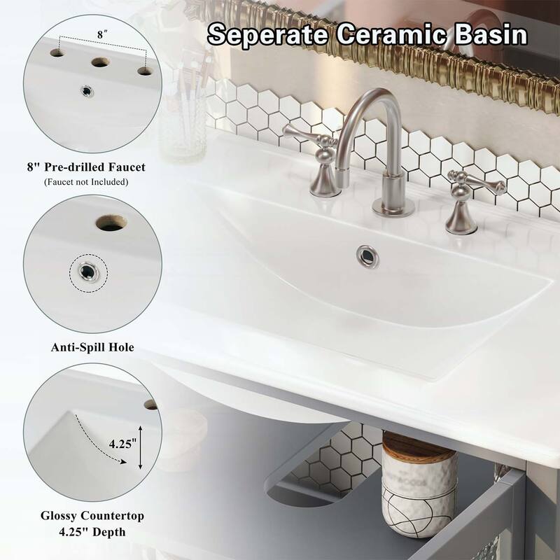 36 Inch Bathroom Vanity with Ceramic Sink,Adjustable and Open Shelves,Wood Legs