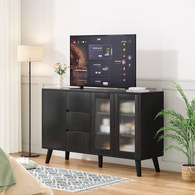 Farmhouse Buffet Cabinet, 55.5" Coffee Bar with 3 Drawers and Pop-Up Doors, Large Rustic Sideboard for Dining Room