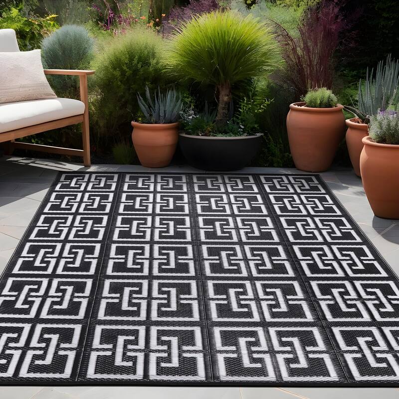 Beverly Rug Geometric Greek Key Outdoor Rug Waterproof for Patio, RV Camping