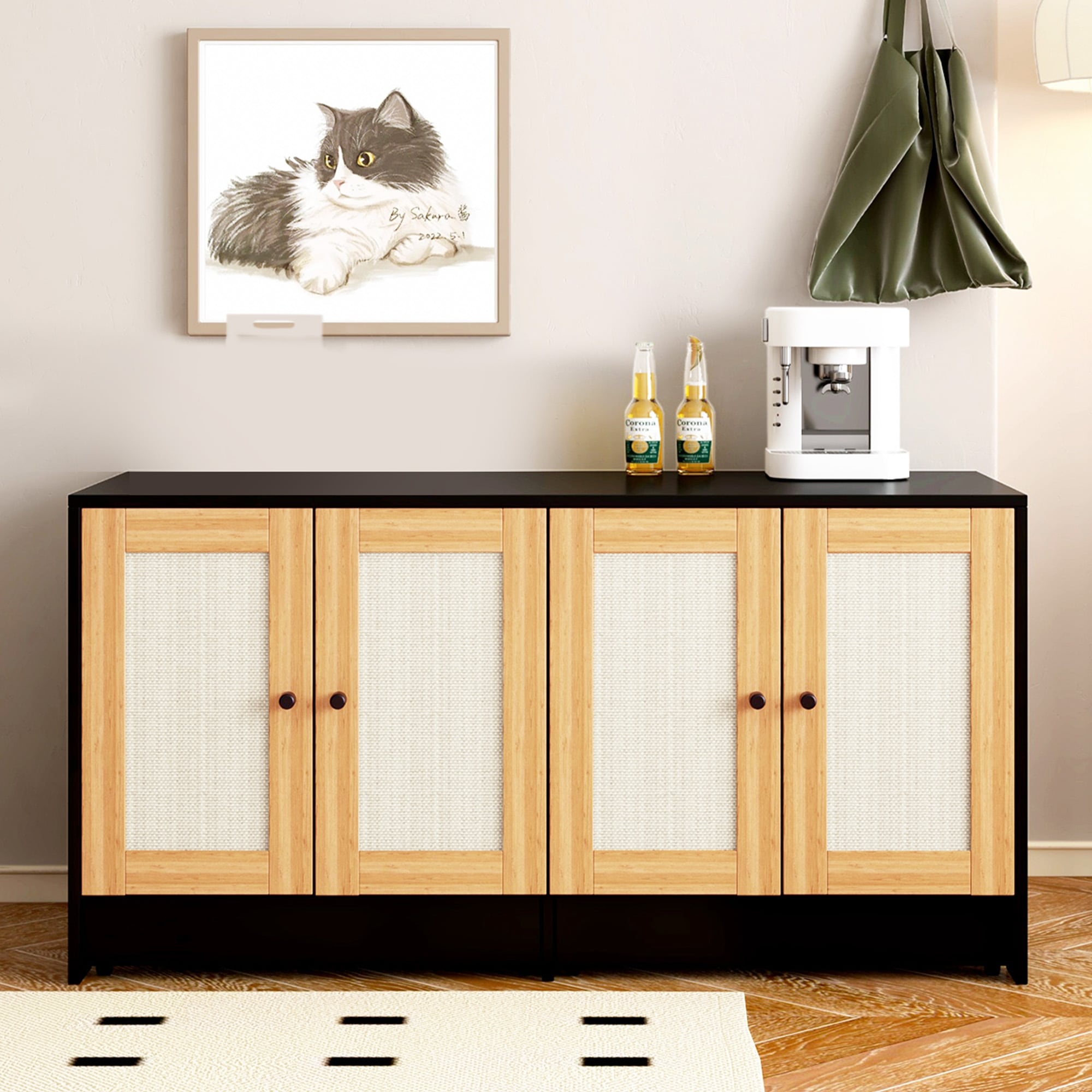 Double Litter Box Enclosure, Cat Litter Box Enclosure for 2 Cats, Hidden Litter Box Furniture with Rattan Doors