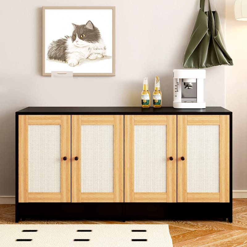 Double Litter Box Enclosure,Cat Litter Box Enclosure for 2 Cats,Hidden Box Furniture,Rattan Doors,47" L x 19.8" W x 21.8" H - Light Oak