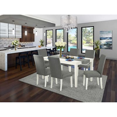 HomeStock 7-Pc Rectangle Linen White Finish Solid Wood Top Dining Table with 6 Parson-Chairs