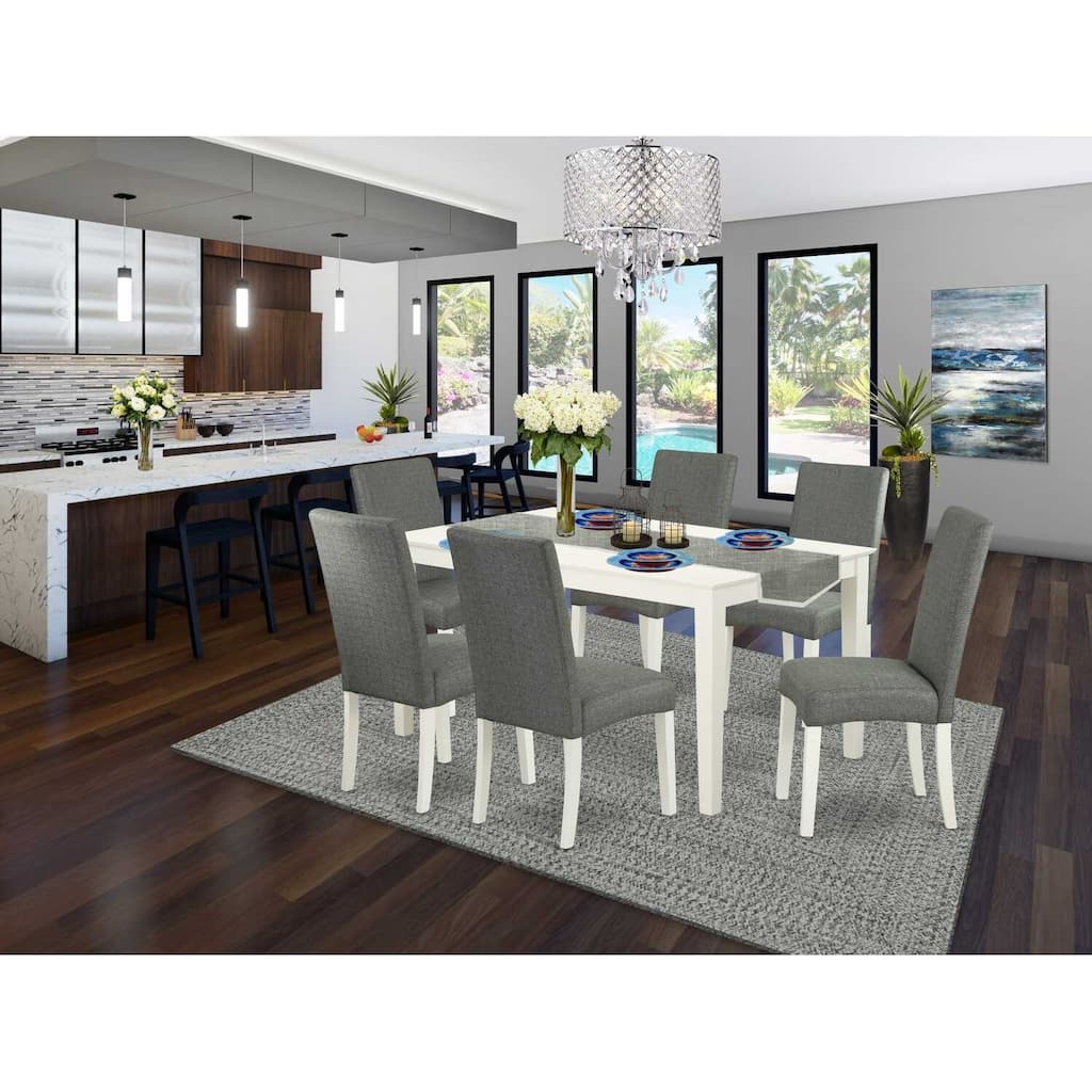 HomeStock 7-Pc Rectangle Linen White Finish Solid Wood Top Dining Table with 6 Parson-Chairs