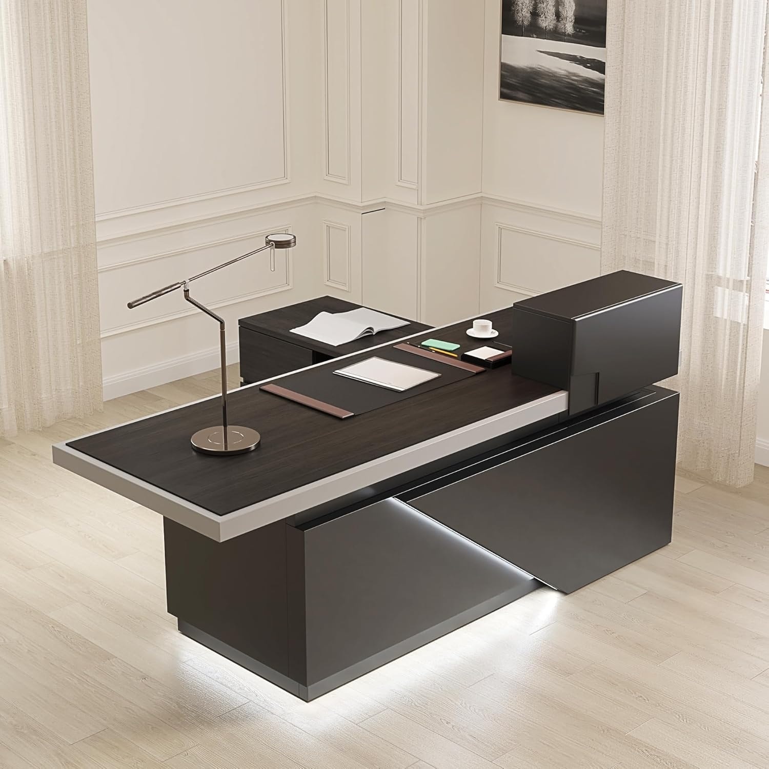 Black L Shaped Office Desk with Drawers Shelves Storage and LED Light