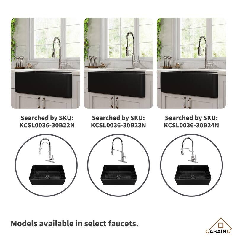 Farmhouse/Apron-Front Single Bowl Fireclay Kitchen Sink with 3-Function Pull-Down Kitchen Faucet, Grid, and Basket Strainer