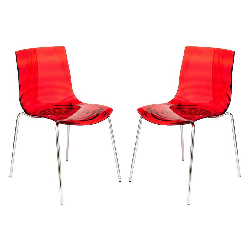 Astor Modern Transparent Ripple Pattern Dining Side Chair With Chrome Metal Legs Accent Chair Set of 2 - Transparent Red