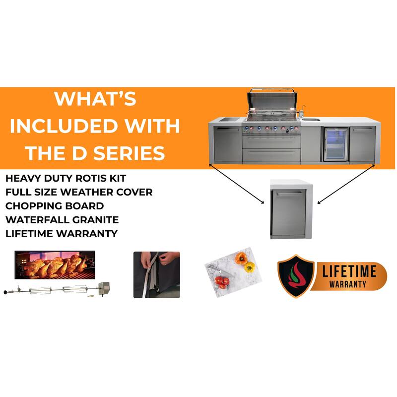 Mont Alpi 132"W Deluxe Stainless Steel Premium Outdoor Kitchen Island with Refrigerator Faucet & Sink + 44"W 6-Burner BBQ Grill