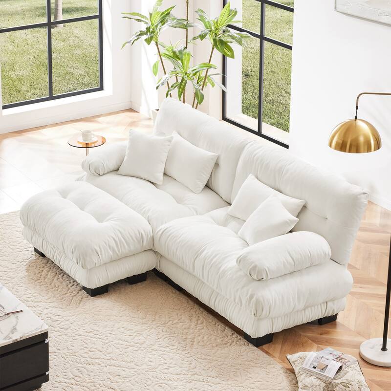 Chenille 2 Seater Sectional Sofa with 2 Lumbar Pillows, Modern Upholstered Loveseat Couch with Movable Ottoman for Living Room - White