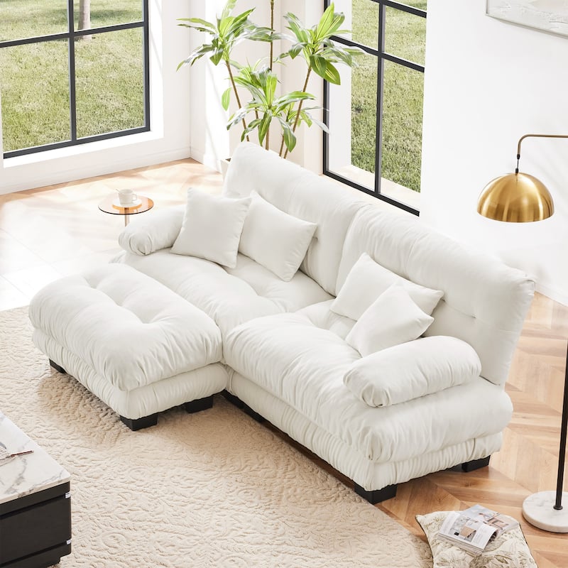 L Shaped Loveseat Sofa Chenille Sectional Couch with Lumbar Pillows - White