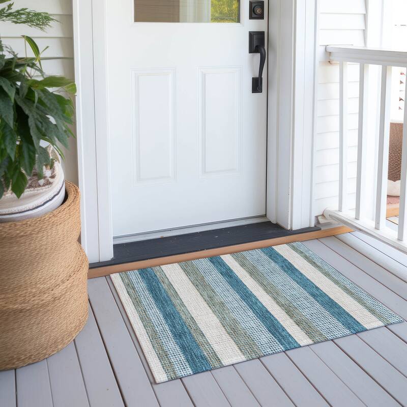 Machine Washable Indoor/ Outdoor Cabana Stripe Chantille Rug - Teal - 1'8" x 2'6"