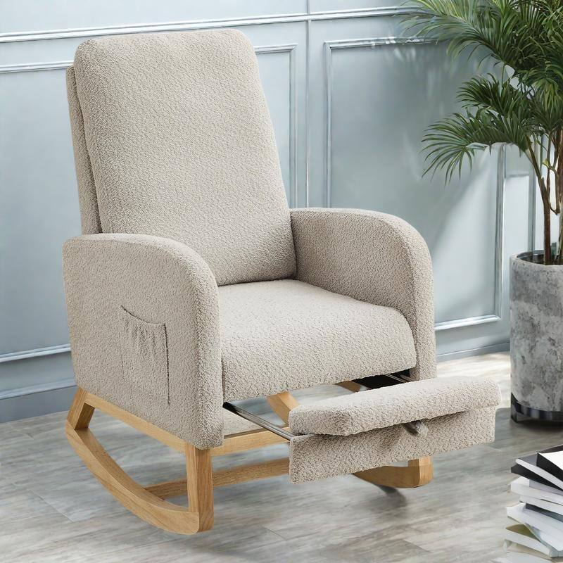 Boucle Fabric Rocking Chair with Retractable Footrest and Side Pocket - Light Gray