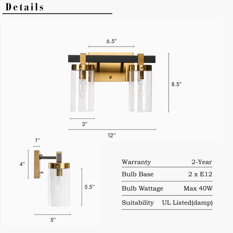 Modern Elegant 2/3-Light Black Gold Bathroom Vanity Light Dimmable Glass Wall Sconces