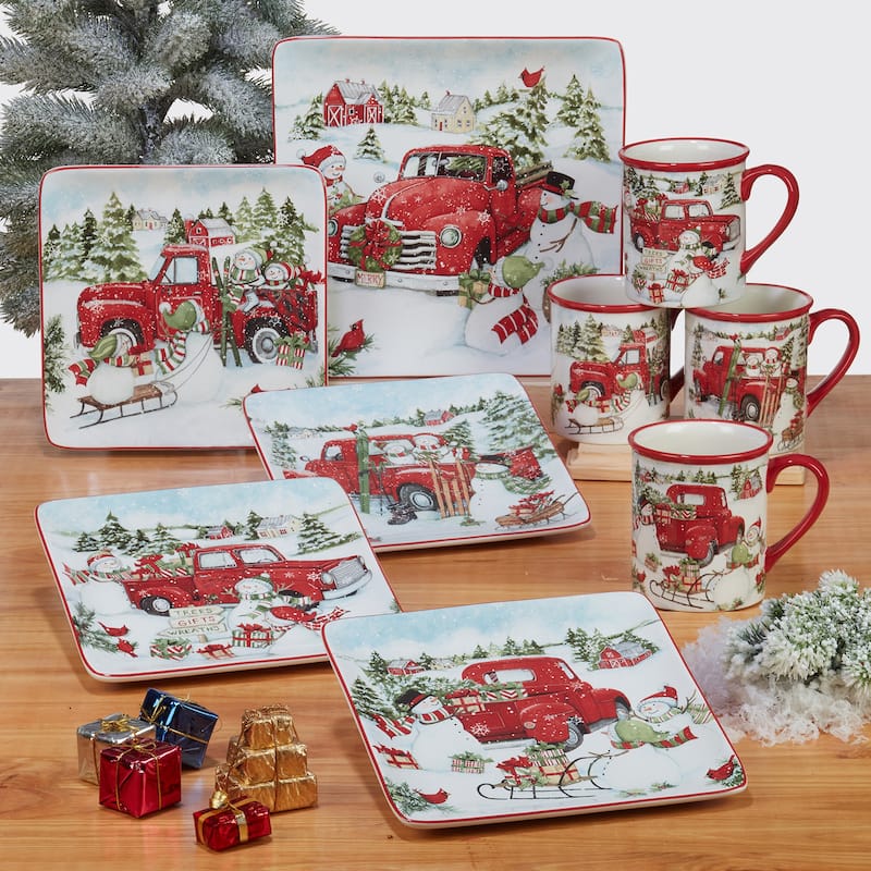 Certified International Red Truck Snowman 10.25" Dinner Plates, Set of 4