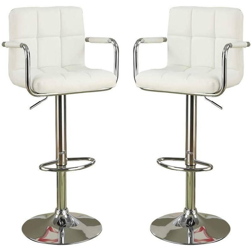 White Faux Leather Bar Stool Counter Height Chairs Set Of 2 Adjustable Height Kitchen Island Stools Armrest Chairs - White