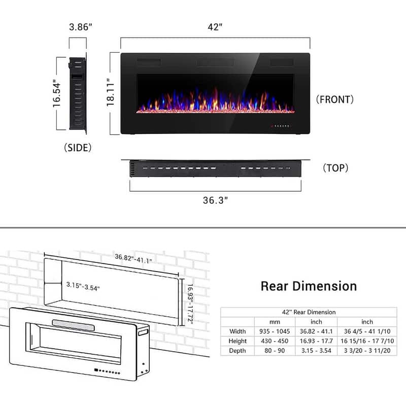Electric Fireplace Heater Recessed Wall-mounted w/ RC (750-1500W) - 42 INCH-NEW