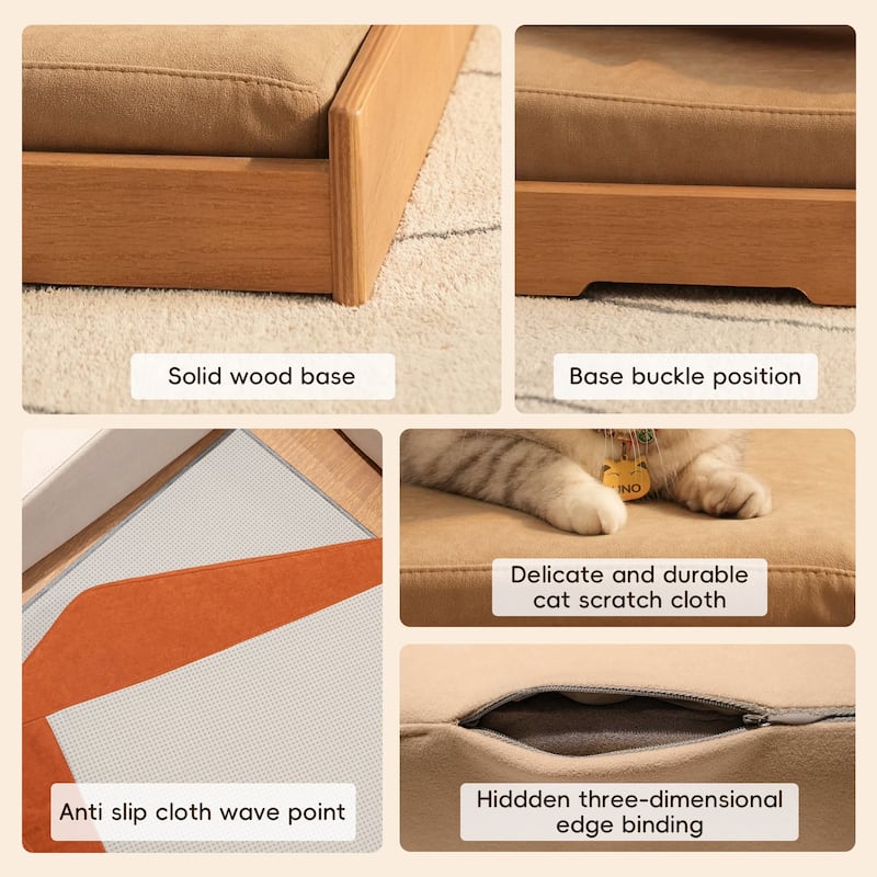 Modern Wooden Pet Bed for Cats & Dogs, Oak Veneer, Scratch-Resistant Fabric, Removable Cushion