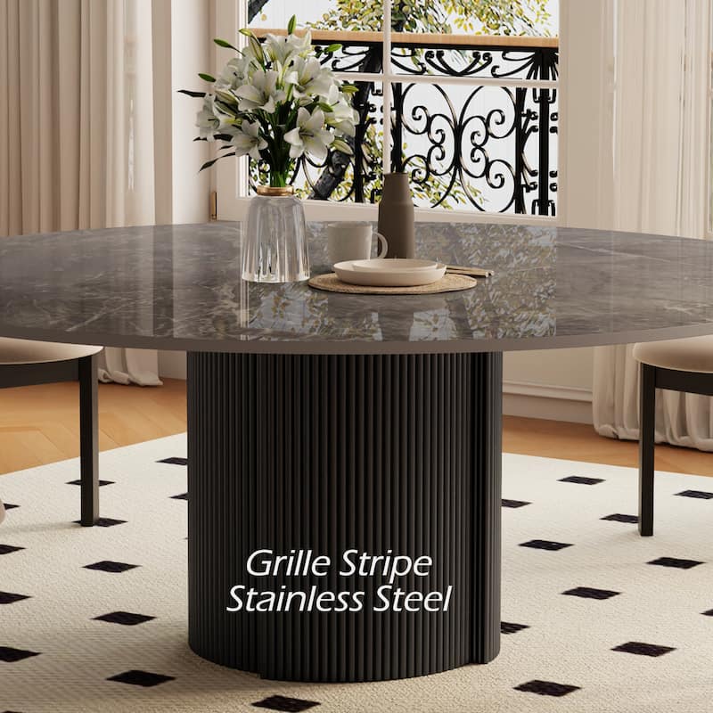 59" Modern Round Dining Table for 6-8, Glossy White Sintered stone Table top, Steel Grille column base