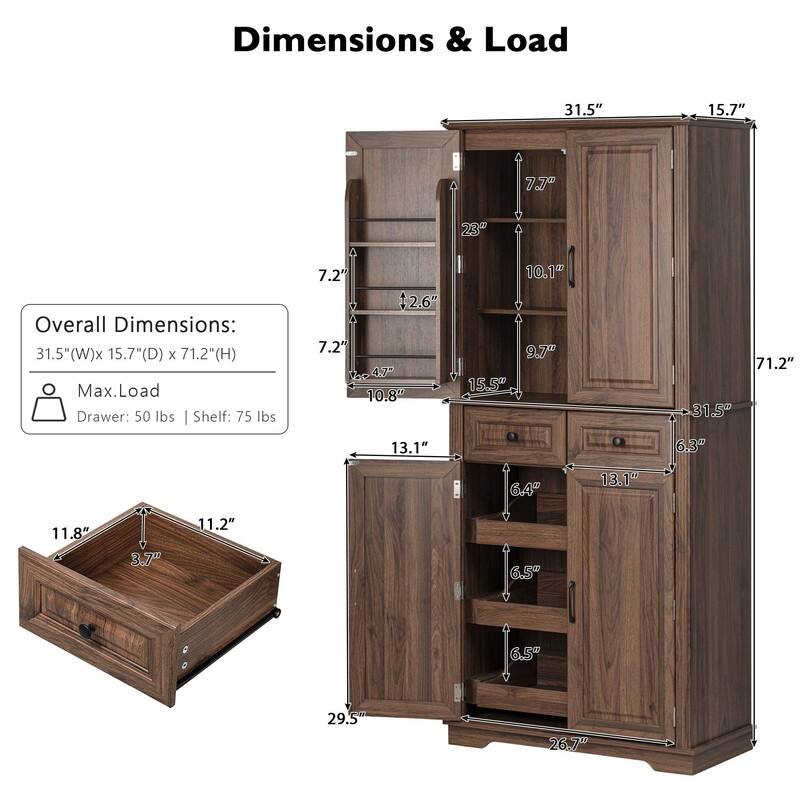 Freestanding 71" Tall Kitchen Pantry Cabinet with Pull-Out Organizers and Unique Embossed Texture for Organized Storage